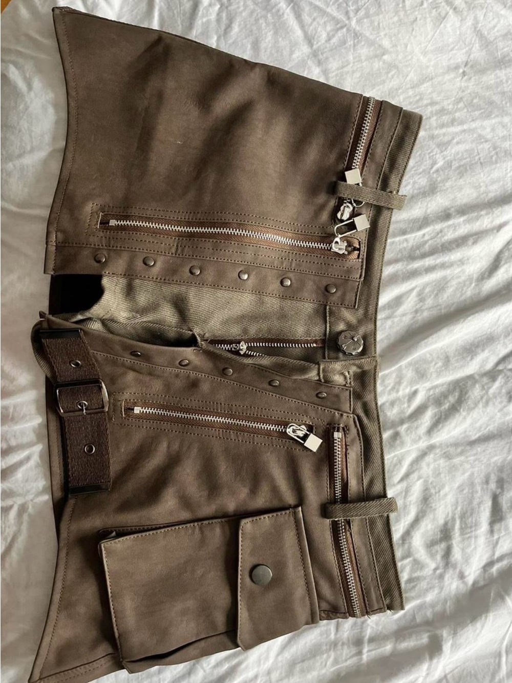 Brown Utility Mini Skirt with Zipper Details